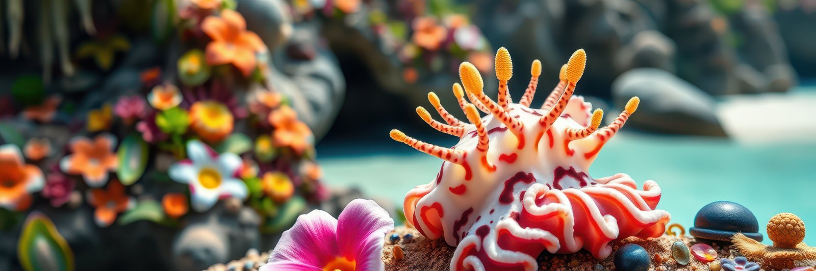 A colorful sea slug sits on a rock in front of a blurred background of flowers and water